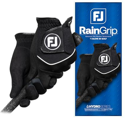 FootJoy Men's RainGrip Golf Glove, Black, Medium, Pair