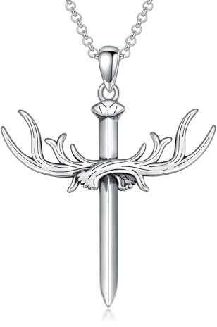 ROMANTICWORK Hirschgeweih Kreuz Kette 925 Sterling Silber Nail Kreuz Anhänger Halskette Hirsch Antler Geweih Kreuz Religiöser Schmuck Geschenke für Herren Damen