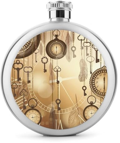 Flachmann Für Spirituosen Vintage-Uhr Edelstahl Whiskeyflasche Auslaufsicher Taschenflasche Für Männer Frauen 9x9cm