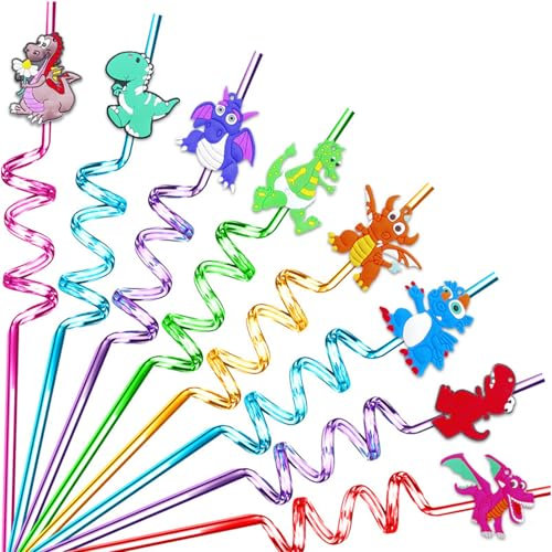 8 Pieces Drinking Party Straws Novelty Curly Plastic Straws Dinosaur Reusable Straws Cartoon Colorful Decorations Straws for Parties Family Gatherings Adults Kids Wild Birthday Party Favors