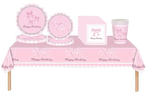 69 Pcs Pink Ballet Birthday Party Tableware Set for Her,Girl,Women,Pink Princess Paper Plates Cups and Napkins,Cute PinkPaper Dinnerware Pinks Birthday Tableware,Wedding,Baby Shower PinkBow Tableware