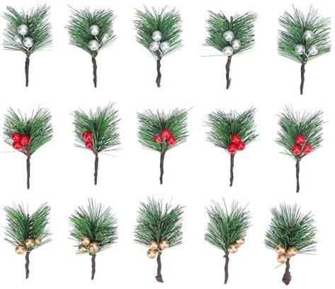 15 Pezzi di Decorazioni Festive Aghi di Pino, Bacche di Pino Artificiale Rosso Argento Oro Plettri di Pino Decorazioni di Bacche di Agrifoglio Dorato per Eventi Invernali di Natale