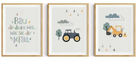 Generisch Kinderzimmer Bilder Junge Bagger Traktor Poster Spruch Bau dir deine Welt Wanddeko Baustelle Posterset Geschenk Geburtstag Taufe - als 3er Set ohne Rahmen