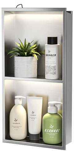 Bernkot Wandnische Dusche Edelstahl mit LED, Unterputz Duschregal, Zweilagige Wandnische Bad Nische Duschnische 60cm×30cm, Keine Fliesen erforderlich, Silber