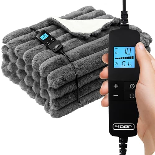 Yoer Fuzzo EB03G, Elektrische Decke, 180x160 cm, Groß, Heizmatte, Dick, 160W, 10h-Timer, Fernbedienung, LCD-Display, 10 Temperaturstufen, Weicher Plüsch, Flanell, Schnelles Aufheizen