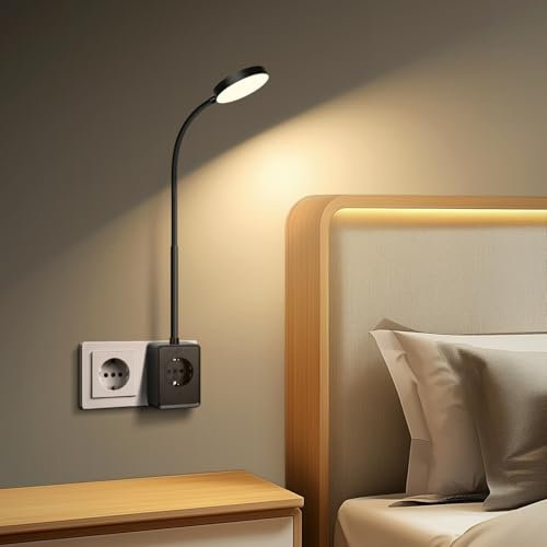 Aigostar Lampara de Lectura LED con Enchufe y Toma de Corriente， Salidas USB y Tipo C， Luz de Pared con Control Táctil， 3 Colores de Luz， Tubo de Luz Flexible Ajustable en 360°， Negro