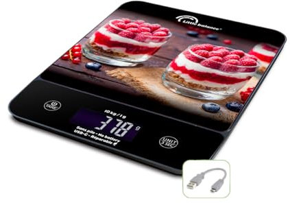 LITTLE BALANCE 8846 Happy Genius 10 Cheesecake, Balance de cuisine sans pile, Rechargeable USB-C, Réparable, 10 kg, Cheesecake