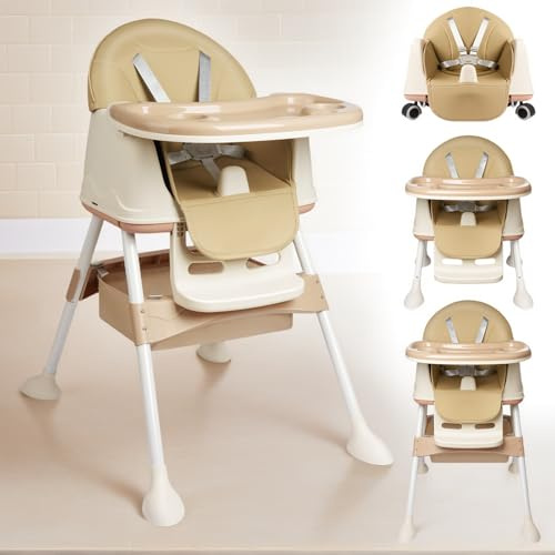 Alpstorm Baby Hochstuhl kinderhochstuhl 4in1 - Multifunktionaler Kinderessstuhl mit verstellbarer Höhe, abnehmbarem Tablett, 5-Punkt-Sicherheitsgurt & Rollen - Beige