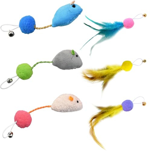 Yinquetinup 6 Pcs Feather Ball Cat Toys Interactive Cat Wand Toy Replacement Funny Cats Catcher Toy with Bells Random Colors for Indoor Pets Kittens Play Exercise Chasing Games