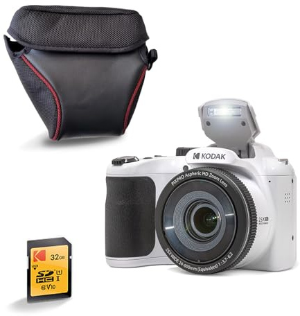 Kodak Pixpro AZ255 Appareil Photo Bridge 16 MP avec Zoom Optique 25x + Étui de Protection + Carte SD 32 Go – Vidéo Full HD 1080p, Grand Angle 24 mm, Stabilisateur, Écran LCD 3 – Blanc