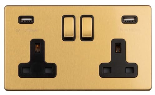 Antique Gold Screwless Switched USB Type A Double Socket Flat Concealed Plate Satin Brass CAG22UAB