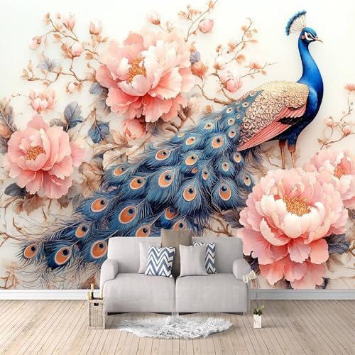 Fototapeten Pfau Fototapete 3D Effekt Elegantes Und Edles Pfauenmotiv, Blumen Vlies Tapeten Motivtapeten XXL Wandtapete Schlafzimmer Bildtapete Fototapete Wohnzimmer 500 × 280 cm (B x H)