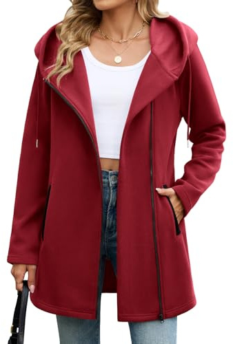Vancavoo Felpa Donna Lunga con Cappuccio e Zip Cappotto Giacca in Pile | Giacca Leggera a Maniche Lunghe con Cappuccio, Coulisse e 2 Tasche Oblique, per Primavera e Autunno
