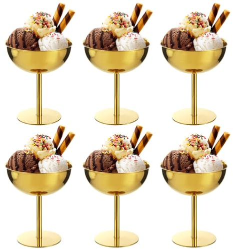APACALI Lot de 6 coupes à glace, en acier inoxydable, 9,5 cm, avec pied, pour crème glacée, salade, yaourt et pudding aux fruits, pour mariages, fêtes, dorés