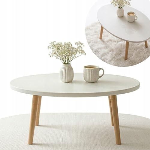 P&P Furniture Couchtisch Weiss Oval 70x50 Skandinavisch Holz Couchtisch Klein Weiss Wohnzimmertisch Sofa Tisch Weiss Holz Modern Coffee Table Living Room
