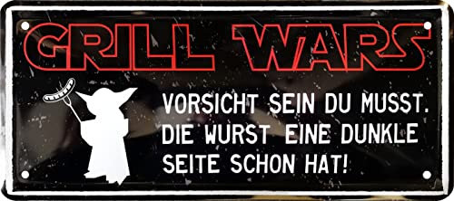 WOGEKA ART Retro Blechschild - Grill Wars - Vorsicht wenn sie eine dunkle Seite hat - witziger Spruch Geschenk-Idee Geburtstag Weihnachten Deko 28x12 cm Vintage-Design Metall 1579