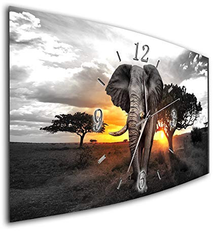 BM Funk Quarz Wanduhr Funkwanduhr Funkwanduhren Funkuhr Funkuhren kein Ticken lautlos geräuschlos leise modern ohne Tickgeräusche groÃŸ XXL Wohnzimmer Küche Wildnis Afrika Elefanten 7631-3a