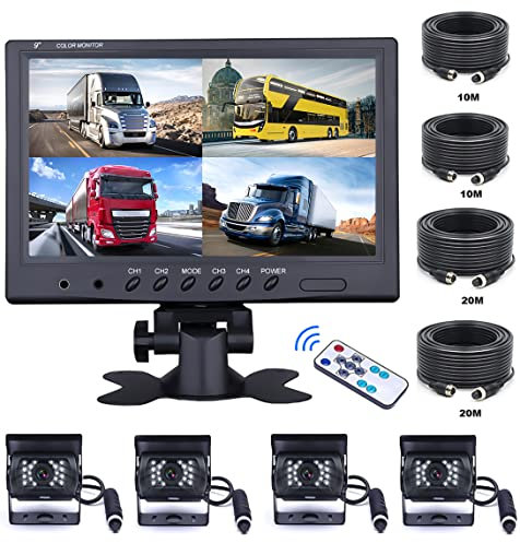 OiLiehu 9 Zoll Auto RüCkfahrkamera Set mit 4 Geteilten Monitor Vorderansicht View, 4 X Kabelge Auto Kamera 18 IR-Nachtsicht, Mit 2 X 10m Und 2 X 20m Kabeln FüR LKW, Wohnmobile, AnhäNger, Bus