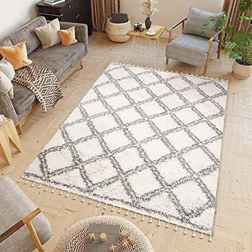 TAPISO Boho Fringes Teppich Hochflor Langflor Shaggy Fransenteppich Creme Dunkelgrau Karo Gitter Diamant Modern ÖKOTEX 140 x 200 cm