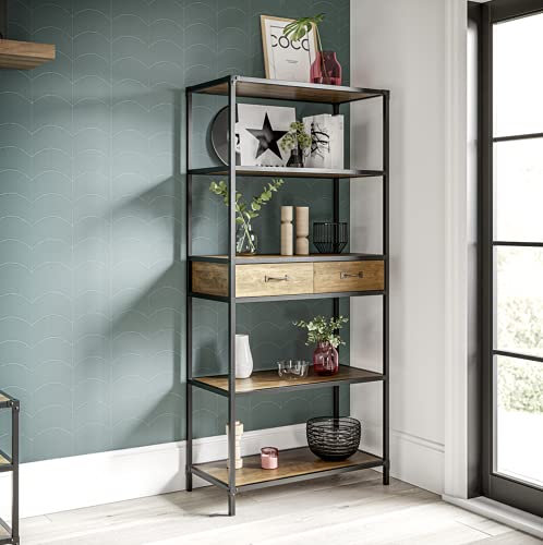 Racking Solutions TV Stand Unit -Bookshelf With Drawers - Mid Oak Finish With Matt Black Metal Frame 1740mm H x 800mm W x 395mm D