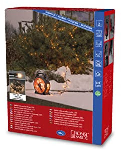 Konstsmide Micro LED Lichterkette mit Kabelaufroller, schwarz-rot, 400 bernsteinfarbene Dioden, 30V Außentrafo, 6W, schwarzes Soft-Kabel - 3834-807