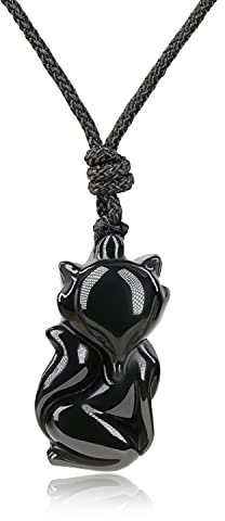 COAI Geschenkideen Unisex Glückskette mit Fuchs Anhänger aus Obsidian Amulett Verstellbare Kette