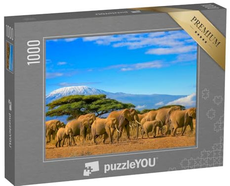 puzzleYOU: Puzzle 1000 Teile „Eine Herde afrikanischer Elefanten vor dem Kilimandscharo, Afrika“ – aus der Puzzle-Kollektion Safari, Savanne, Kilimandscharo