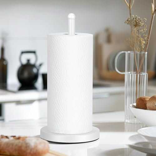 E-ROOM TREND Paper Towel Holder Heavy Weighted Base Sturdy Metal Paper Towel Dispenser Kitchen Steady Bathroom Towel Roll Stand Organizer Paper Roll Holder for Countertop Cabinet Matte White(A075)