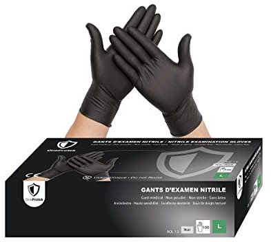 OneProtek Gants jetables noir en nitrile - Lot de 10x Boîtes de 100 Gants Nitrile - Taille L (Grande) - Sans latex - Résistants et Multi-usages - Protection contre les produits chimiques
