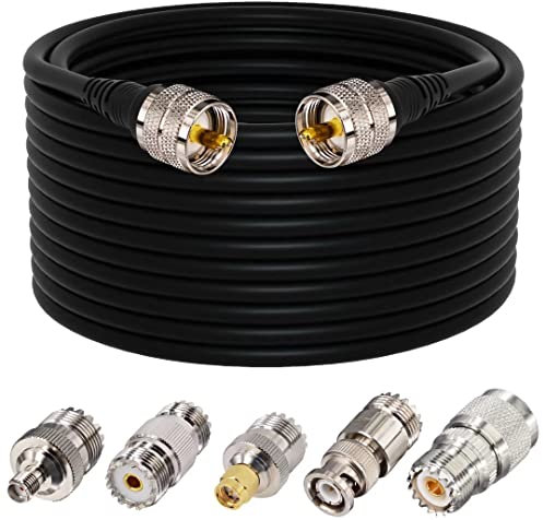 YILIANDUO 15M/49,21ft UHF Coaxial Câble PL259 Mâle à Mâle RG58 Faible Perte Câble Coaxial + 5PCS Adaptateur UHF Femelle vers SMA/UHF/BNC/N pour SWR Radio VHF Amateur Radio CB Ham Radio Scanner