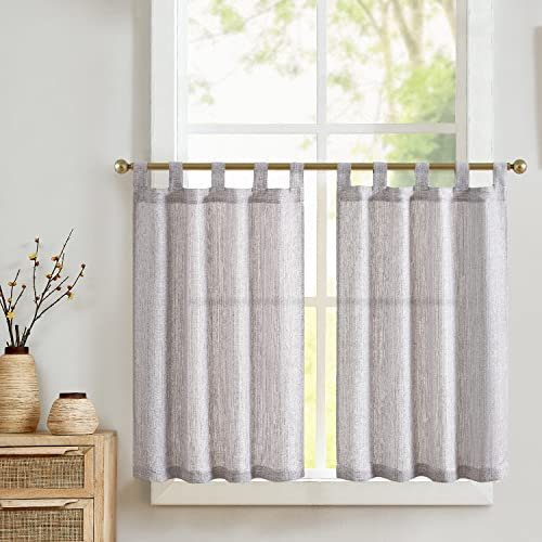 TOPICK Scheibengardinen Küche Hellgrau Bistrogardine mit Schlaufen Modern Gardinen Kurz Halbtransparente Leinenoptik Küchengardinen für Kleine Fenster Wohnmobil Küchenfenster 2er Set 70Bx90H cm