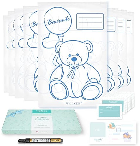 Wellode® 8 Bustine Corredino Neonato Ospedale Teddy Bear - Sacchetti Cambio Neonato Riutilizzabili - Design e Qualità per il Tuo Piccolo - Idea Regalo per Future Mamme e Lista Nascita Bebè