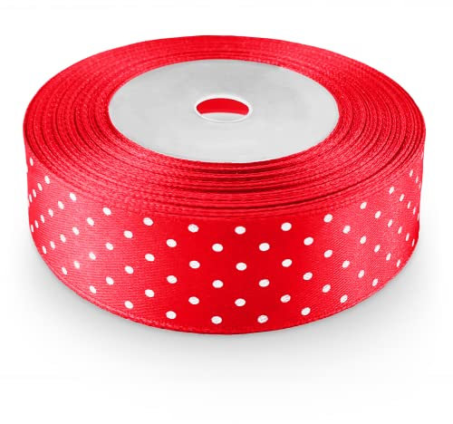 Netuno 1 x Satinband Rot gepunktet 25 mm x 22 m Schleifenband Geschenkband Dekoband Stoffband Satinrolle für Hochzeit Kommunion Taufe Geschenke Verpacken Blumen Dekoration Basteln