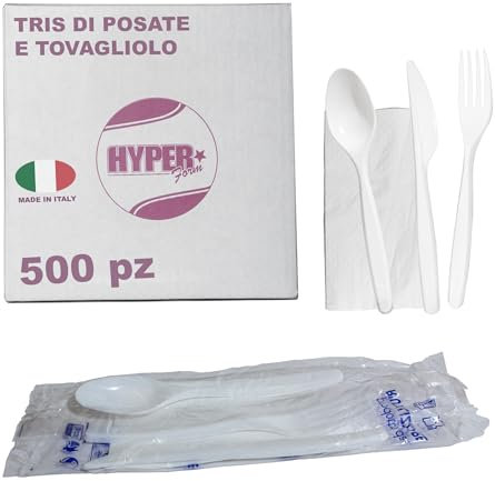HYPER form Set Posate Riutilizzabili, Tris Forchetta Coltello Cucchiaio Tovagliolo 500 Pezzi