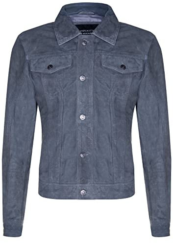 Men's Grey Goat Suede Jeans Jacket Trucker Casual Denim Leather Shirt 5XL