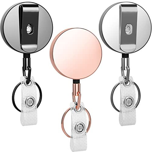 3 Pcs Heavy Duty Badge Reels Retractable Badge Holder, Selizo Metal Retractable Keychain Badge Reel ID Badge Holder Retractable with Belt Clip Key Ring for Key Name Card Holder