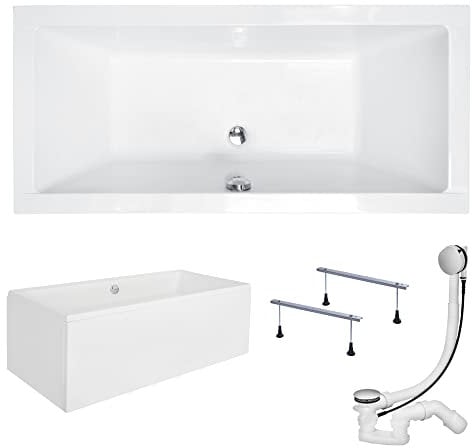 KOLMAN Badewanne QUADRO Rechteck 165x75 mit AcrylSchürze, Ablaufgarnitur und Füßen Komplettset 4in1 Premium Original Acryl Wanne Siphon