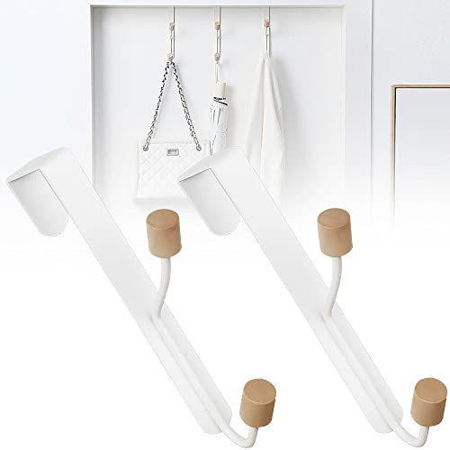 STCRERAG Over The Door Hook Hanger 2 Pcs Metal Coat Hooks Sturdy Wooden Organizer Rack for Hanging Coats Hats Robes Towels, White