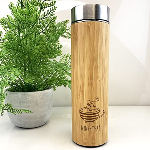 Engraved Wooden Travel Flask -Nine-Tea Design - 500ml Coffee/Tea Cup, Mug, 90th Milestone Birthday Gifts for Men, Him - Ninetieth Gift for Friend, Grandad, Dad, Husband