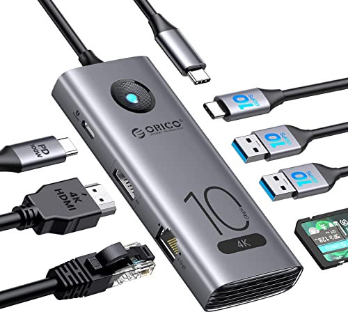 ORICO USB C Docking Station, 8 in 1 10 Gbps USB C HUB mit 10G USB 3.2 (gen 2) USB-C und USB-A Datenanschlüssen, 4K@60Hz HDMI, 100W PD Aufladung, SD TF Kartenleser, RJ45 für Windows, Mac…