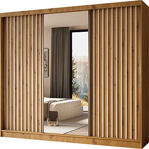 Moderner Kleiderschrank Schwebetürenschrank mit Spiegel und Holzlamellen 100 150 200 cm - Kleiderschrank für Schlafzimmer mit Schwebetüren - Kleiderstange - 240 cm - Eiche Artisan / Weiße Lamellen
