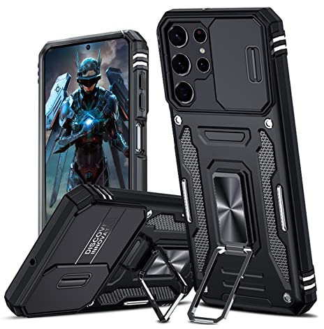 Hülle für Samsung Galaxy S22 Ultra 5G Kameraschieber Schutz, Hybrid Handyhülle mit Kameraschutz Kickstand Ständer Metall Ring Handy Hüllen, Militärqualität Standard Stoßfeste Schutzhülle, Schwarz