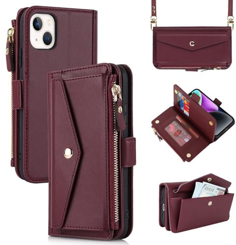Zouzt for iPhone 13 Wallet Case for Women, Purse with Credit Card Holder Slots Crossbody Lanyard Strap Zipper Flip Book Shockproof Protective Phone Cover for Apple 13 6.1 Inch (Red)