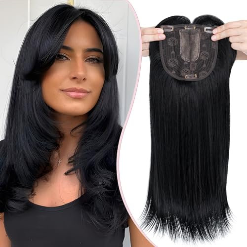 S-noilite Hair Toppers für Frauen,Toupet Toppers Haarverlängerung Haarteile Perücken mit Fransen,Haartopper Basis 15x15cm, Clip in Synthetischen Haarteile, Glatt 45cm 170g Dunkles Schwarz