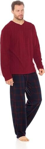 Nikaro Pigiama natalizio da uomo in pile a coste con scollo a V a maniche lunghe e fondo a scacchi, Rosso, XL