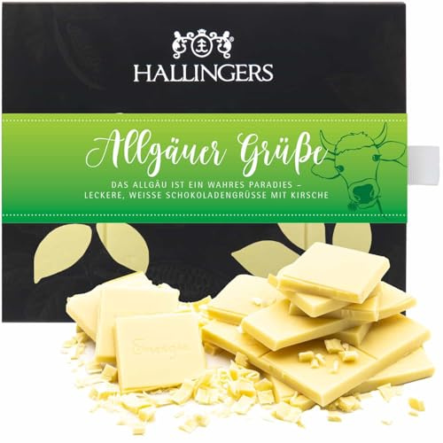 Hallingers Genuss Manufaktur Weiße Schokolade Geschenk - Tafel aus handgeschöpftem Edelkakao ohne Alkohol edler Karton Allgäuer Grüße Kirsche, Geschenkidee für Frauen Männer