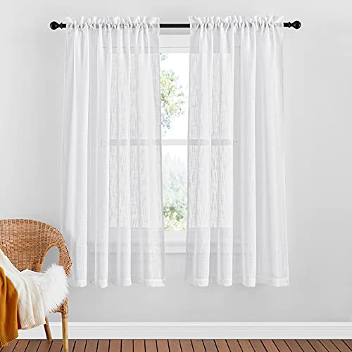 PONY DANCE Weiße Vorhänge Kurz Halbtransparente Leinenoptik Gardinen | 2er Set, H145 x B140 cm, Luftig, Lichtdurchlässig, Sichtschutz, Modern, mit Stangedurchzug, für Schlafzimmer Wohnzimmer