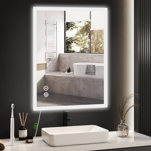 YOLEO Miroir de Salle de Bain avec éclairage, Miroir LED Miroir Mural avec Prise électrique, antibuée, 3 Couleurs de Lumière réglables (50_x70_cm)