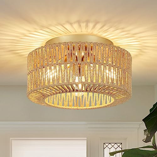 Rayofly Boho Deckenlampe Style, 3-flammige Rattan Deckenlampe Wohnzimmer, Boho Deckenleuchte mit Rattan Lampenschirm, Bambus Deckenlampe Schlafzimmer, Vintage Deckenleuchte, Boho Lampe für Küche, Flur