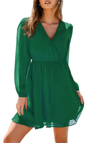 CUPSHE Women's Floral Print Chiffon A-Line Mini Dress Long Peasant Sleeves Elastic Autumn Dress Hunter Green XXL